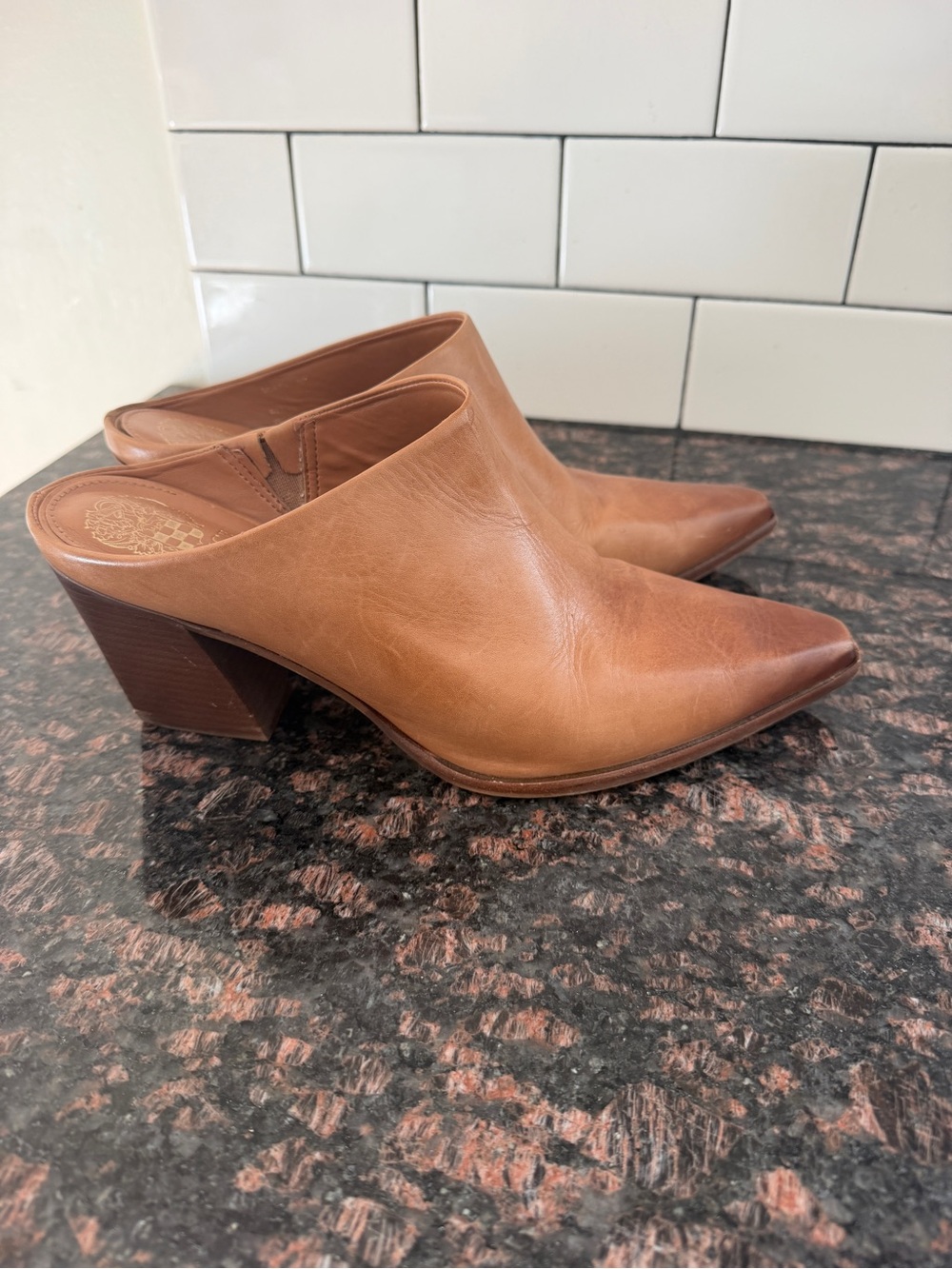 Vince Camuto Cognac Brown Leather Pointed-Toe Mule Heels